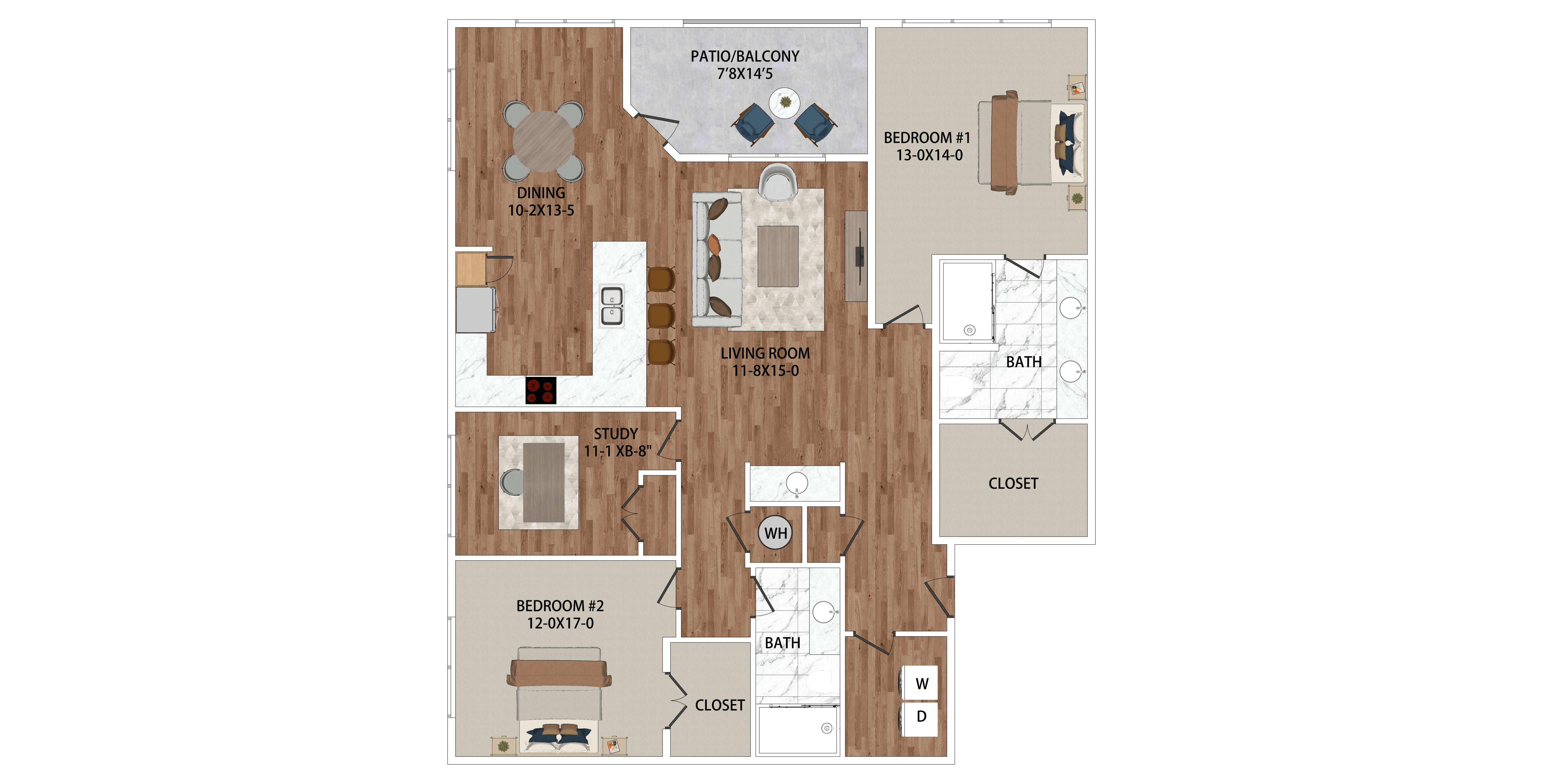 Floor plan for 2 beds, 2 baths, 1602 sqft